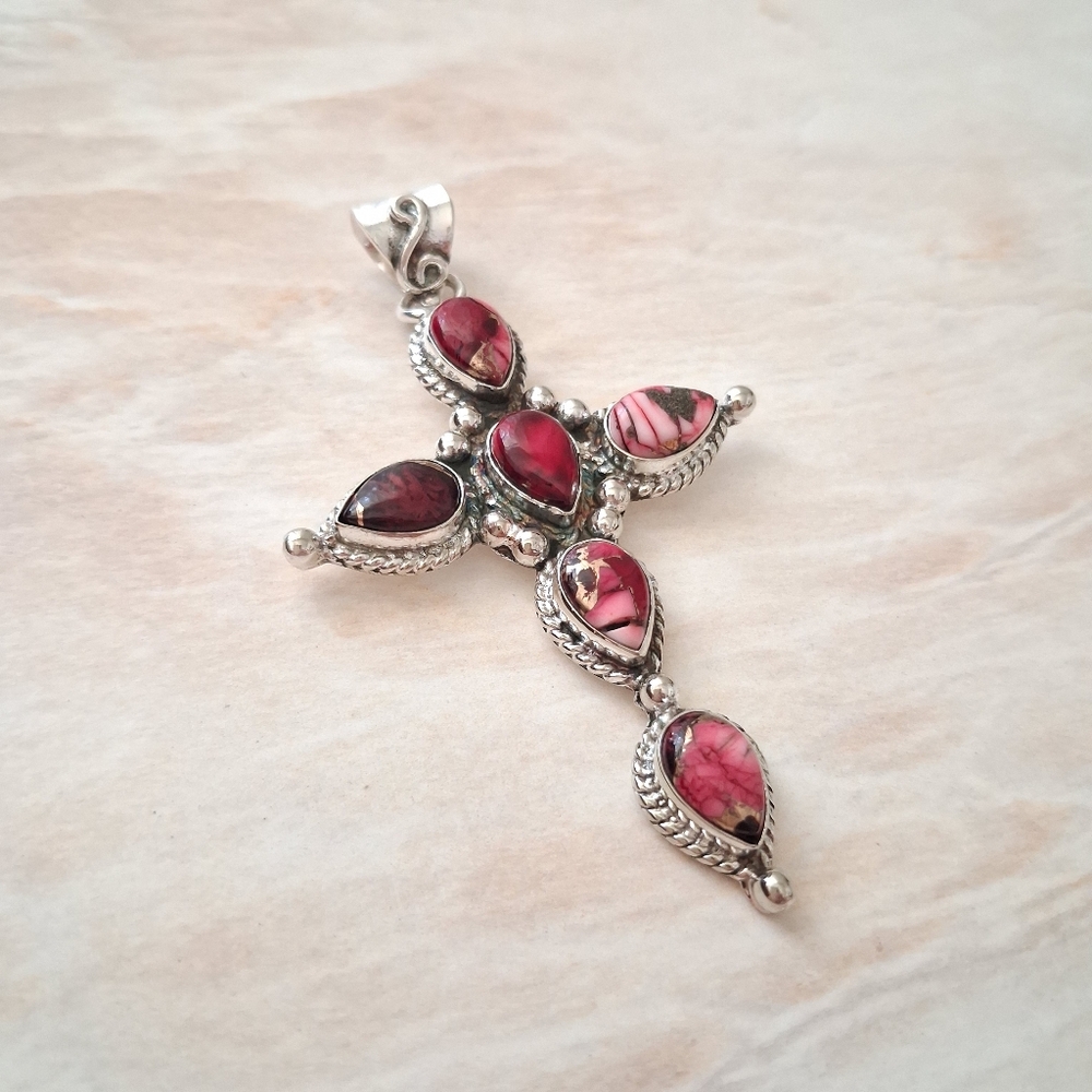 Artisan Handmade Red Rose Dahlia Turquoise 925 Sterling Silver Cross Pendant - Picture 2 of 5